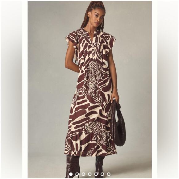 Anthropologie The Cassandra Maxi Dress Zebra Print Ruffled Hem Brown Motif 3X - Picture 2 of 9